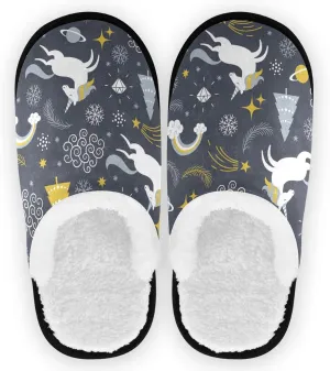 visesunny Cozy Fuzzy Plush Fleece Slippers for Women Men Merry Christmas Unicorn Planet Star Black Pattern Soft Memory Foam Ladies House Shoes Warm Bedroom Flat Shoe Indoor Outdoor