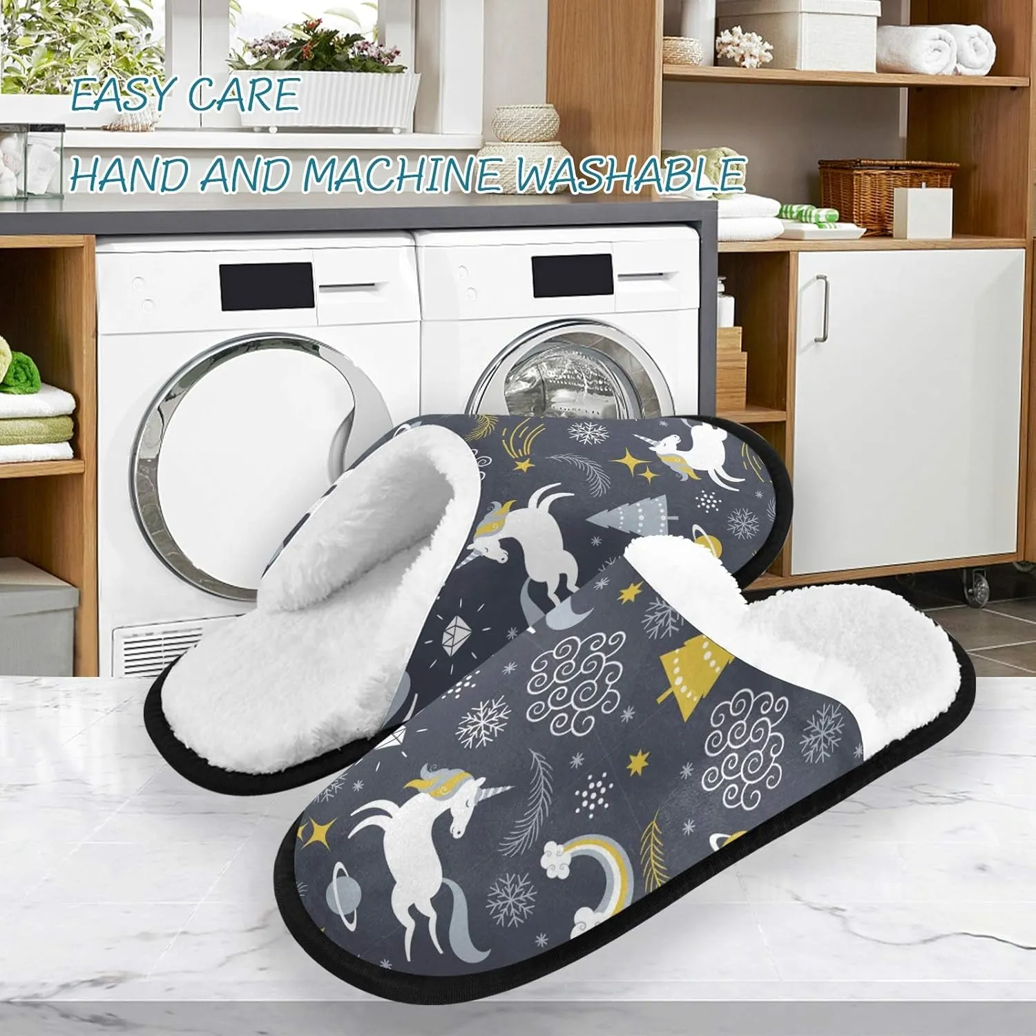 visesunny Cozy Fuzzy Plush Fleece Slippers for Women Men Merry Christmas Unicorn Planet Star Black Pattern Soft Memory Foam Ladies House Shoes Warm Bedroom Flat Shoe Indoor Outdoor
