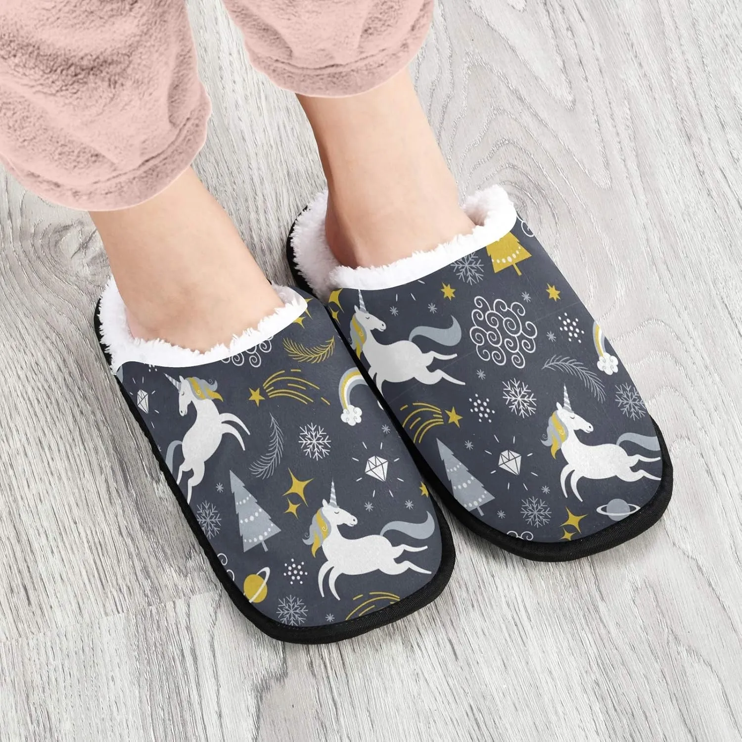 visesunny Cozy Fuzzy Plush Fleece Slippers for Women Men Merry Christmas Unicorn Planet Star Black Pattern Soft Memory Foam Ladies House Shoes Warm Bedroom Flat Shoe Indoor Outdoor