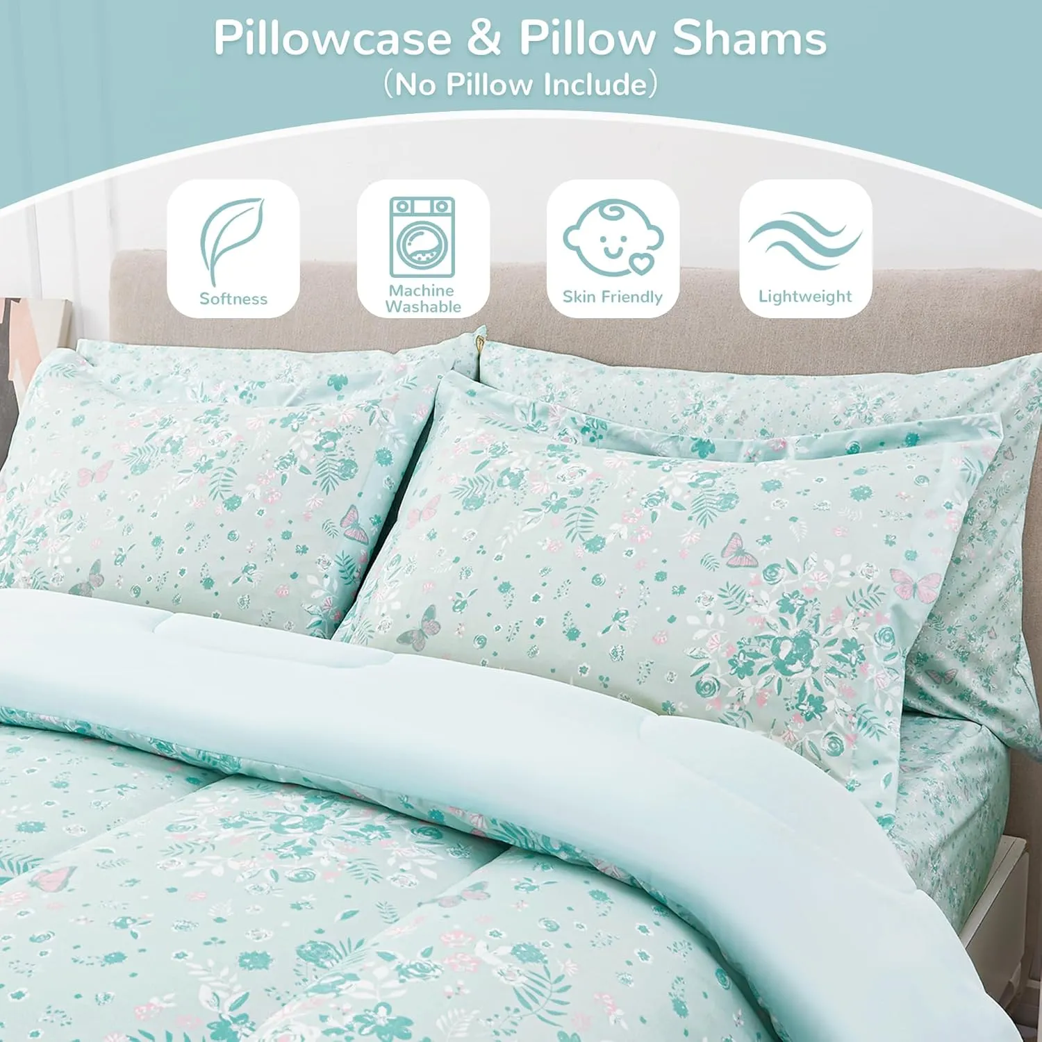 Viviland Twin Butterfly Comforter Set for Girls - Kids Brushed Microfiber Twin Bedding Set - 5 Pieces Machine Washable Bed in A Bag with Soft Comforters, Sheet Set, Shams - Pale Green