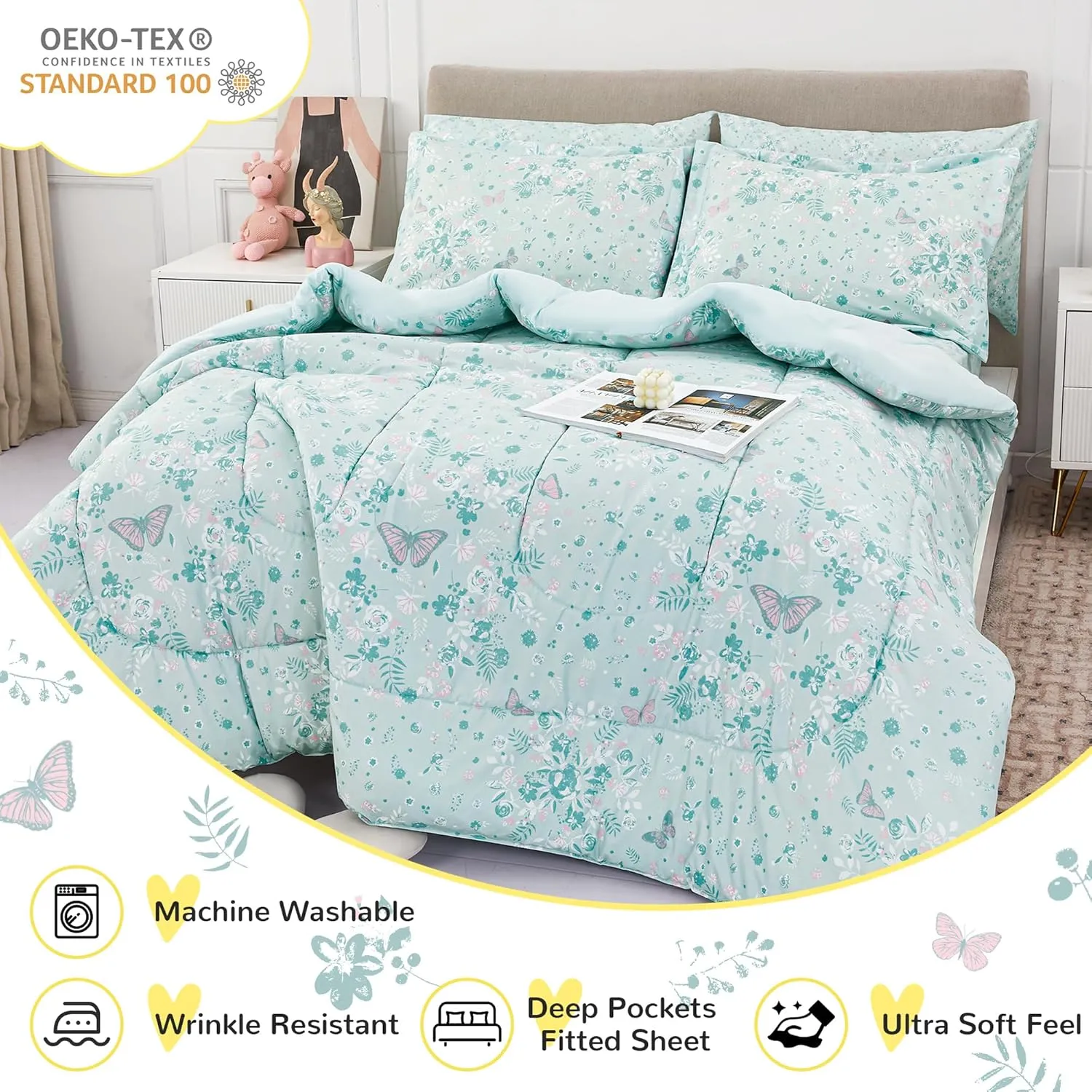 Viviland Twin Butterfly Comforter Set for Girls - Kids Brushed Microfiber Twin Bedding Set - 5 Pieces Machine Washable Bed in A Bag with Soft Comforters, Sheet Set, Shams - Pale Green
