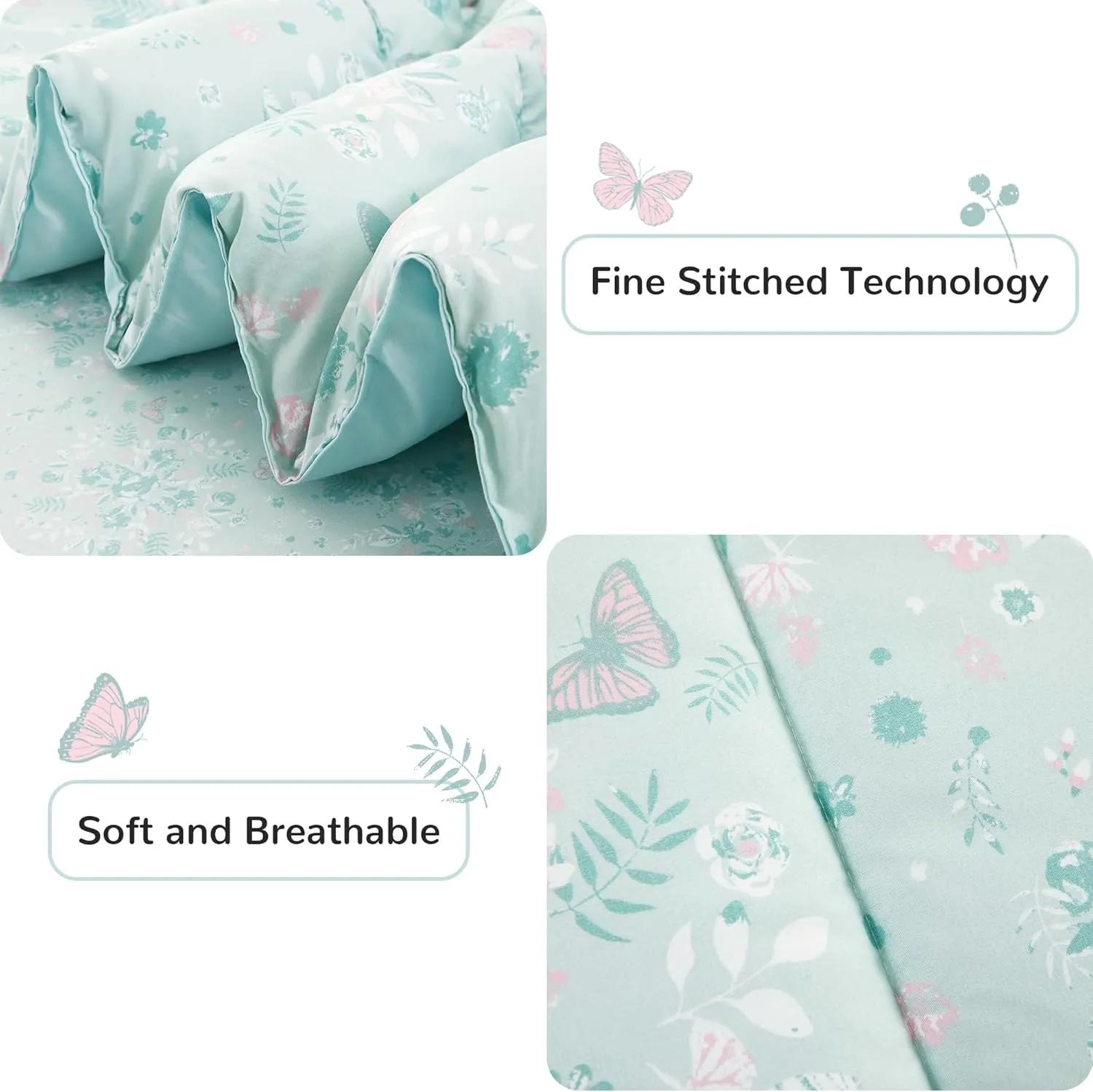 Viviland Twin Butterfly Comforter Set for Girls - Kids Brushed Microfiber Twin Bedding Set - 5 Pieces Machine Washable Bed in A Bag with Soft Comforters, Sheet Set, Shams - Pale Green
