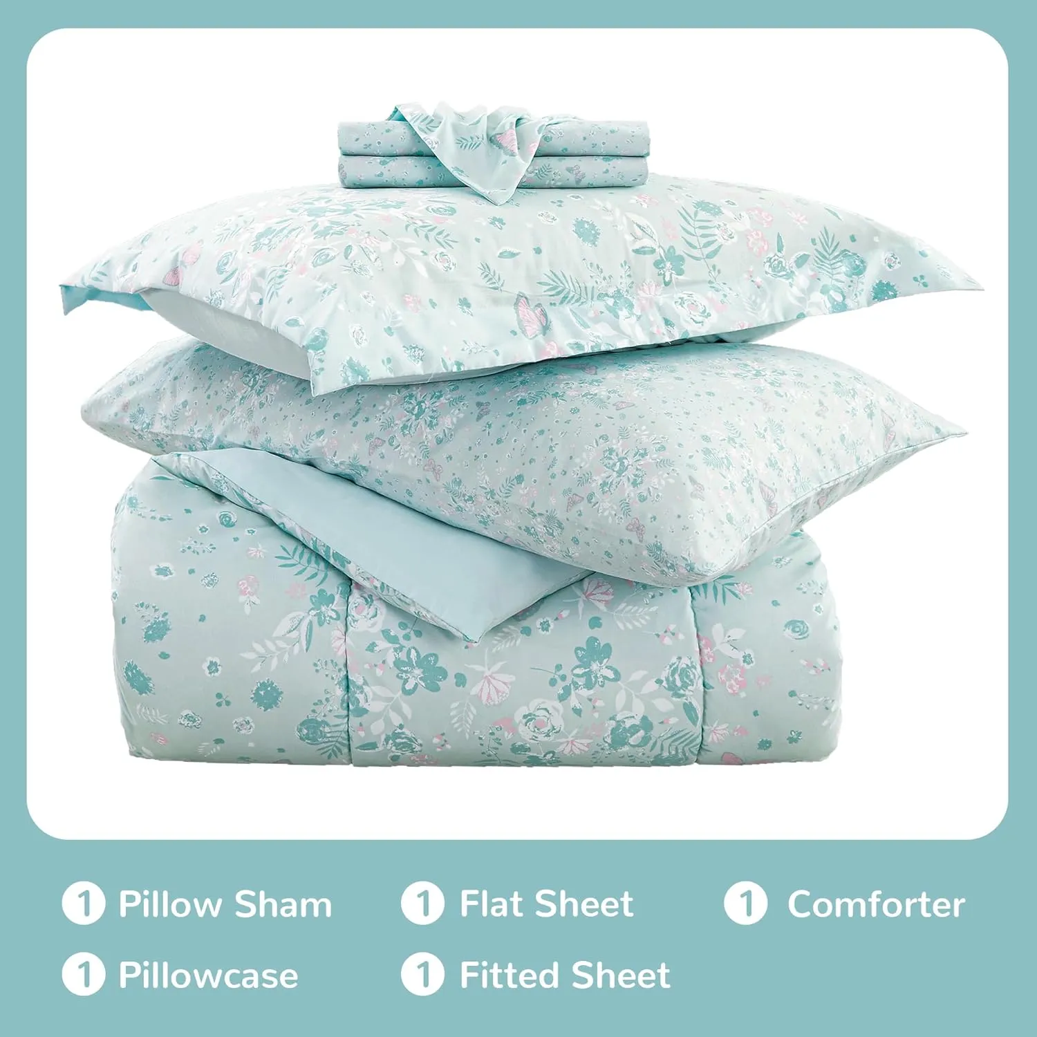 Viviland Twin Butterfly Comforter Set for Girls - Kids Brushed Microfiber Twin Bedding Set - 5 Pieces Machine Washable Bed in A Bag with Soft Comforters, Sheet Set, Shams - Pale Green