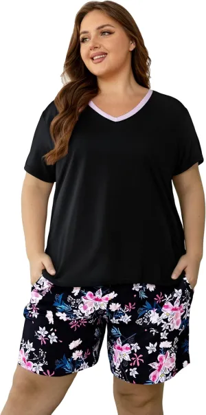 Vozanet Women's Short Sleeve Top and Shorts Pajama Sets Plus Size V Neck Colorful Flower Nighty Loungewear With TWO Pockets