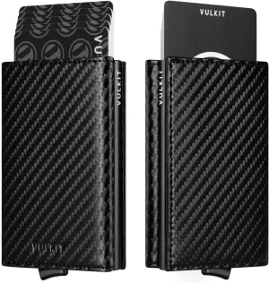 VULKIT Credit Card Holder with Banknote Compartment RFID Blocking Pop up Leather Card Wallet with ID Window for Men or Women(Carbon Black)