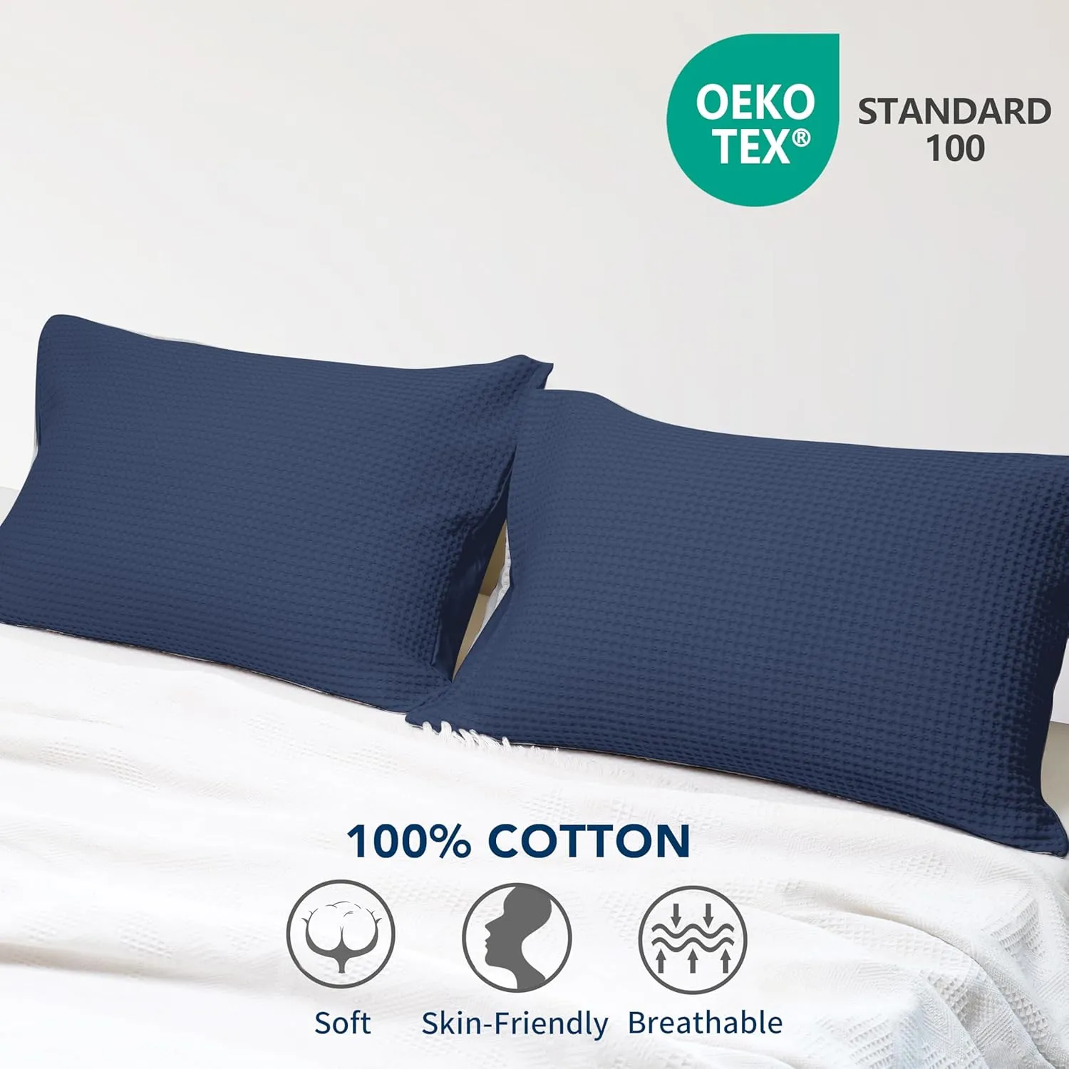Waffle Weave Pillowcases King Size 2 Pack, 100% Egyptian Cotton 600 Thread Count, Ultra Soft Pillow Shams with Envelope Closure, Breathable Skin-Friendly Pillow Case, Navy Blue, 20x36 Inches