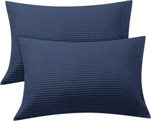 Waffle Weave Pillowcases King Size 2 Pack, 100% Egyptian Cotton 600 Thread Count, Ultra Soft Pillow Shams with Envelope Closure, Breathable Skin-Friendly Pillow Case, Navy Blue, 20x36 Inches