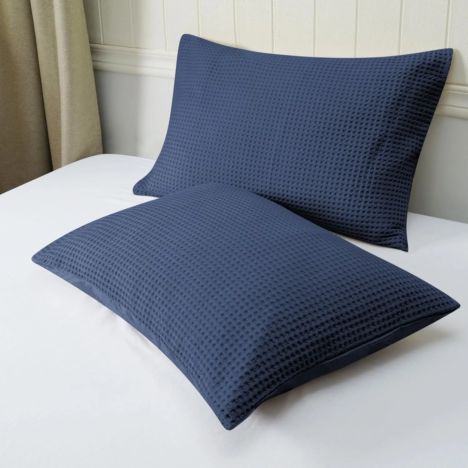 Waffle Weave Pillowcases King Size 2 Pack, 100% Egyptian Cotton 600 Thread Count, Ultra Soft Pillow Shams with Envelope Closure, Breathable Skin-Friendly Pillow Case, Navy Blue, 20x36 Inches