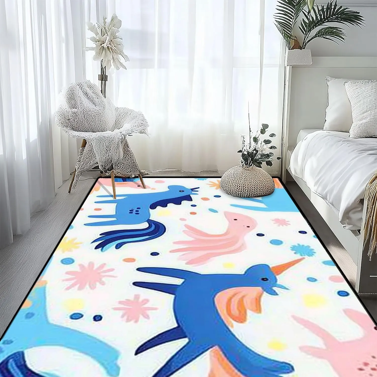 Washable Area Rug Seamless Cute Flat Magic Animals Stars Doodles Flat Texture for 4x5.3 Low Pile Throw Rug Non-Slip Non-Shedding Rug Indoor Carpet for Living Room Bedroom Kids Room Home Decor
