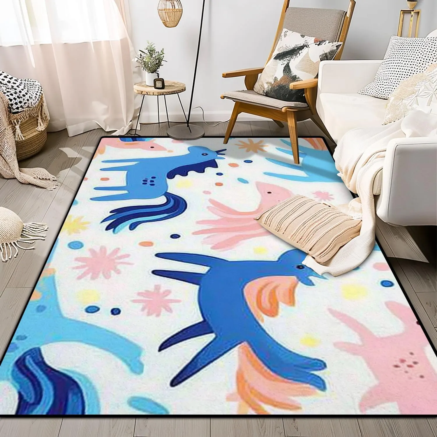 Washable Area Rug Seamless Cute Flat Magic Animals Stars Doodles Flat Texture for 4x5.3 Low Pile Throw Rug Non-Slip Non-Shedding Rug Indoor Carpet for Living Room Bedroom Kids Room Home Decor