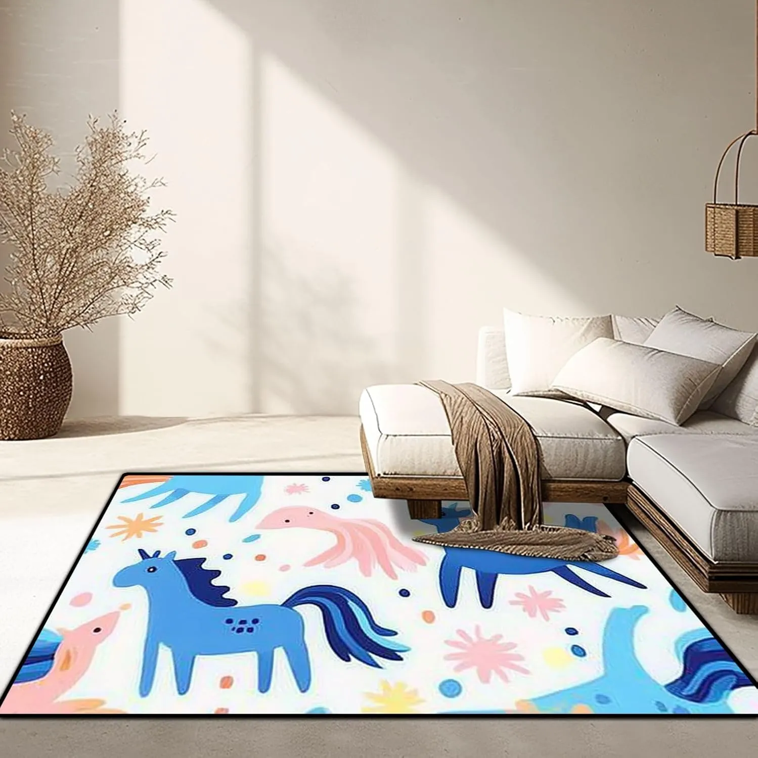 Washable Area Rug Seamless Cute Flat Magic Animals Stars Doodles Flat Texture for 4x5.3 Low Pile Throw Rug Non-Slip Non-Shedding Rug Indoor Carpet for Living Room Bedroom Kids Room Home Decor