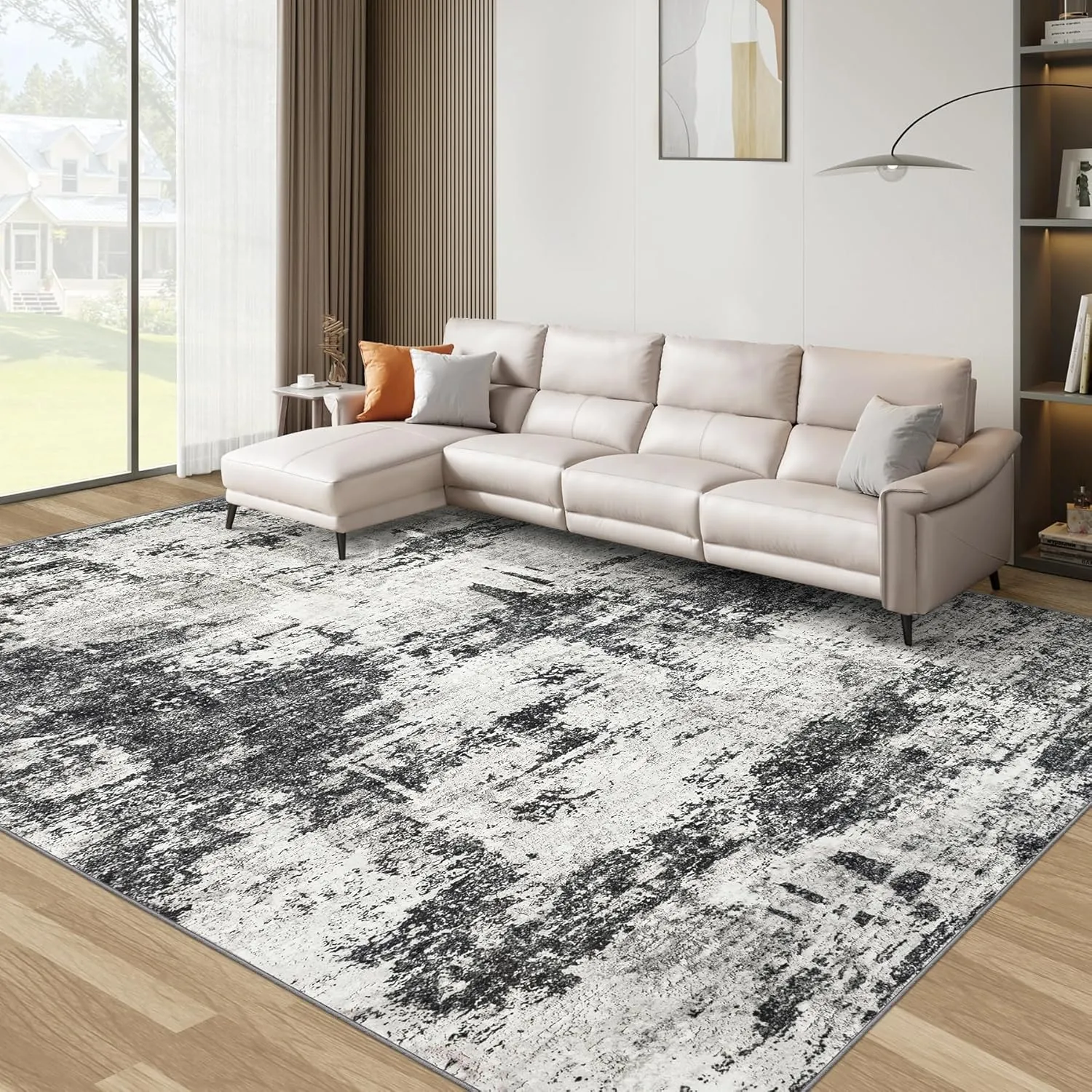 Washable Rug 6x9 Area Rugs: Soft Large Living Room Rug with Anti-Slip Backing Non-Shedding Stain-Resistant Modern Abstract Carpet for Bedroom Dining Room Nursery Home Office-Black