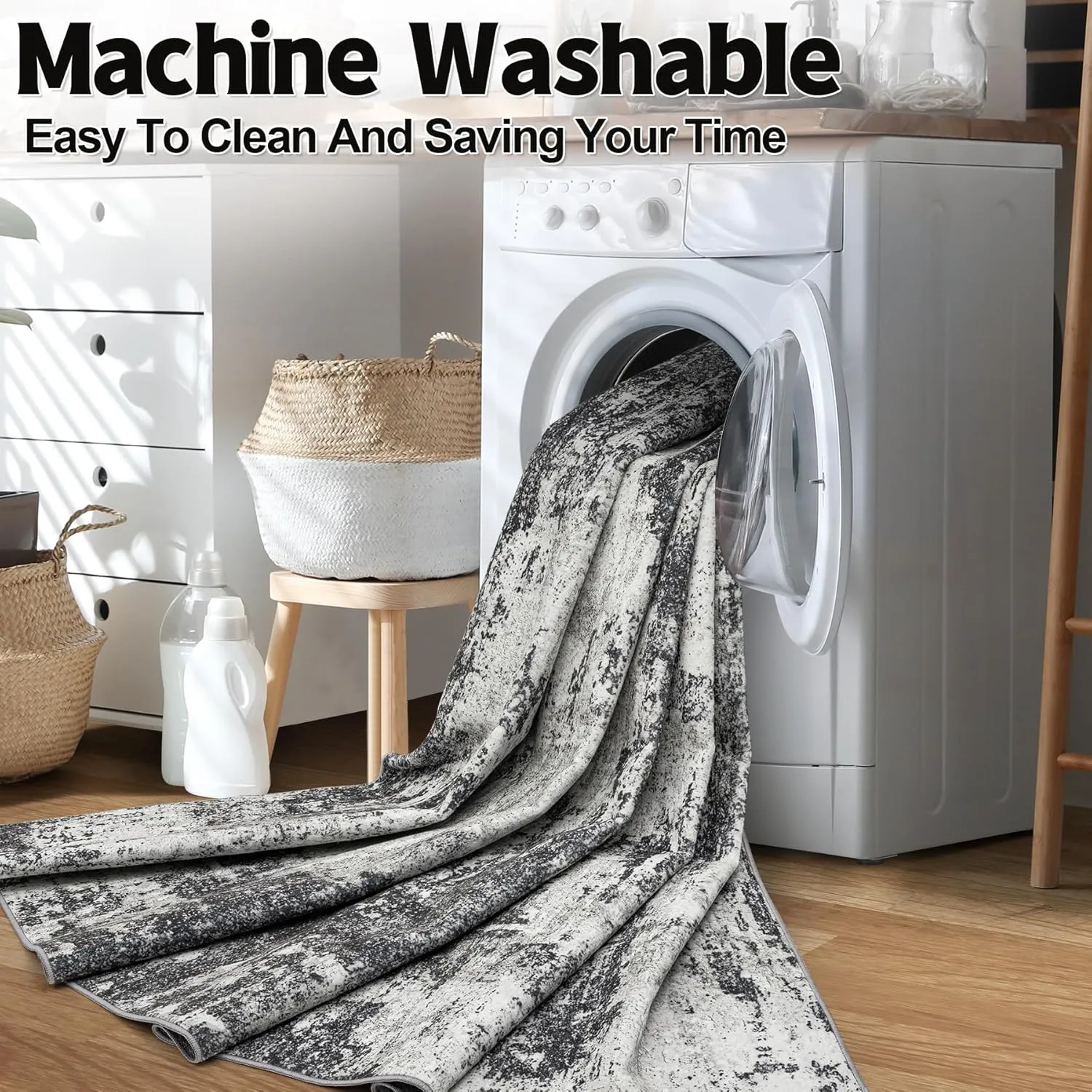 Washable Rug 6x9 Area Rugs: Soft Large Living Room Rug with Anti-Slip Backing Non-Shedding Stain-Resistant Modern Abstract Carpet for Bedroom Dining Room Nursery Home Office-Black