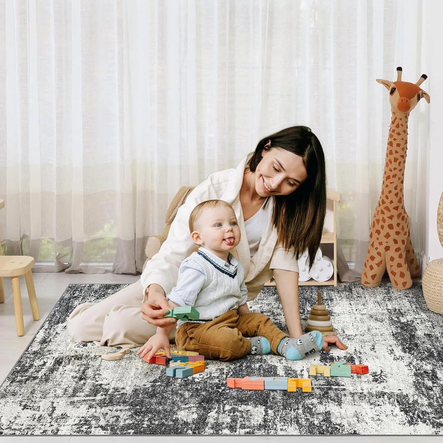 Washable Rug 6x9 Area Rugs: Soft Large Living Room Rug with Anti-Slip Backing Non-Shedding Stain-Resistant Modern Abstract Carpet for Bedroom Dining Room Nursery Home Office-Black