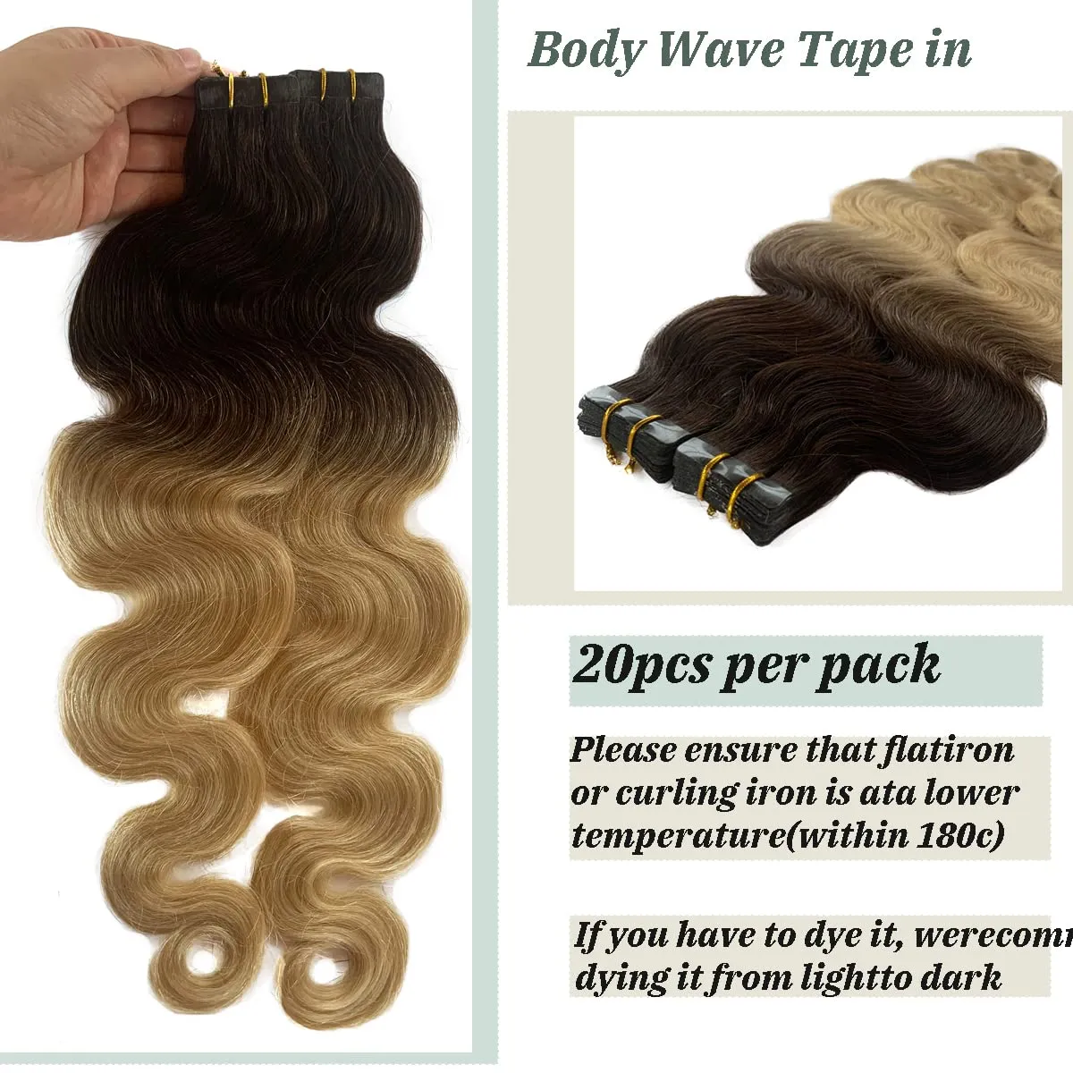 Wavy Tape in Hair Extensions 2 Tone Dark Brown with Bleach Blonde Ombre Human Remy Hair Seamless Skin Weft Body Wavy Bayalage Glue in Extensions 22Inch 60g 20Pcs/Package…