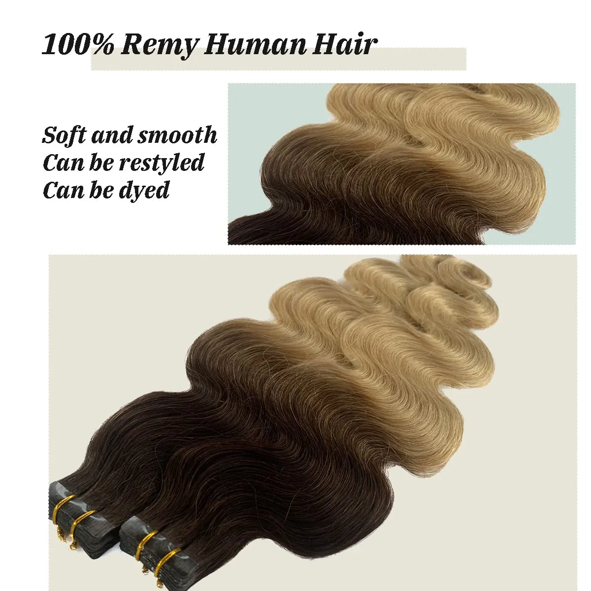 Wavy Tape in Hair Extensions 2 Tone Dark Brown with Bleach Blonde Ombre Human Remy Hair Seamless Skin Weft Body Wavy Bayalage Glue in Extensions 22Inch 60g 20Pcs/Package…