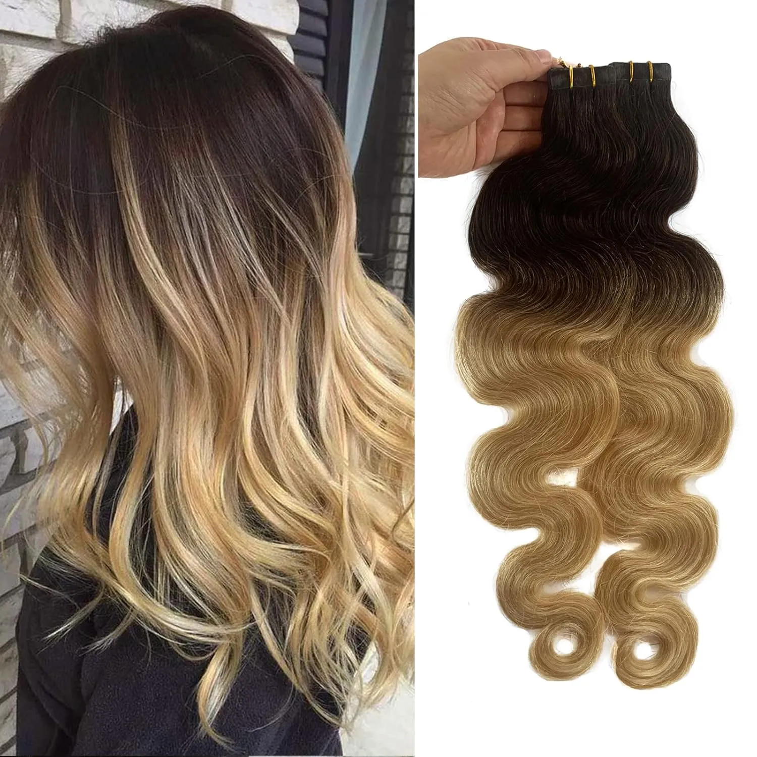 Wavy Tape in Hair Extensions 2 Tone Dark Brown with Bleach Blonde Ombre Human Remy Hair Seamless Skin Weft Body Wavy Bayalage Glue in Extensions 22Inch 60g 20Pcs/Package…