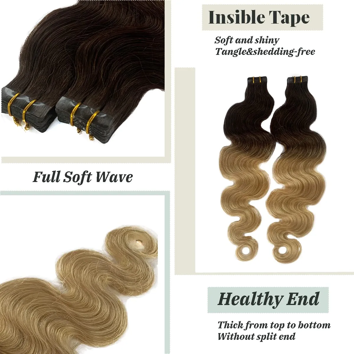 Wavy Tape in Hair Extensions 2 Tone Dark Brown with Bleach Blonde Ombre Human Remy Hair Seamless Skin Weft Body Wavy Bayalage Glue in Extensions 22Inch 60g 20Pcs/Package…