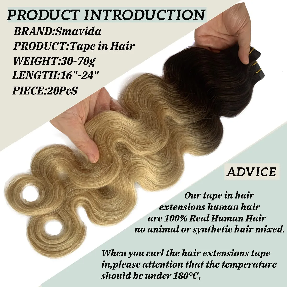 Wavy Tape in Hair Extensions 2 Tone Dark Brown with Bleach Blonde Ombre Human Remy Hair Seamless Skin Weft Body Wavy Bayalage Glue in Extensions 22Inch 60g 20Pcs/Package…