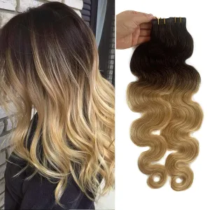 Wavy Tape in Hair Extensions 2 Tone Dark Brown with Bleach Blonde Ombre Human Remy Hair Seamless Skin Weft Body Wavy Bayalage Glue in Extensions 22Inch 60g 20Pcs/Package…