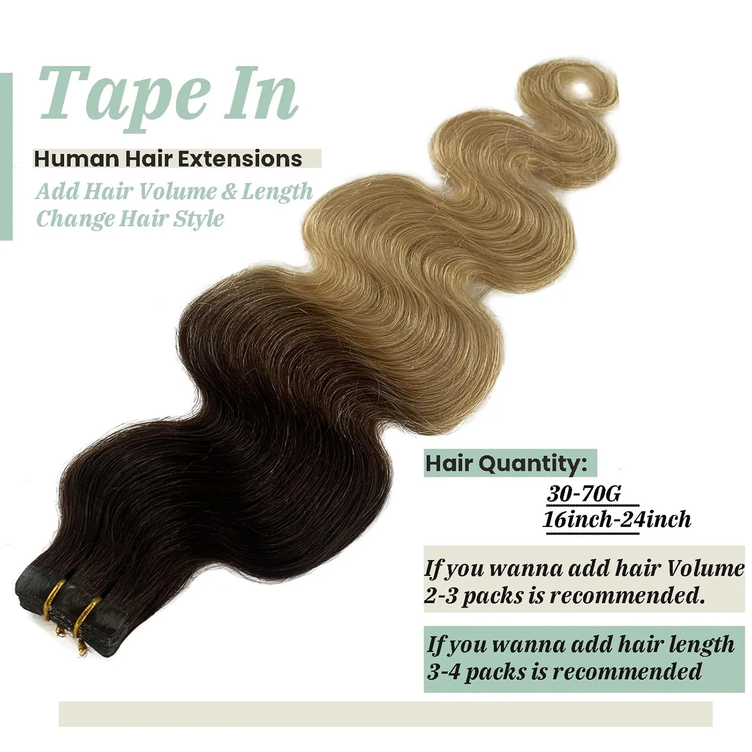 Wavy Tape in Hair Extensions 2 Tone Dark Brown with Bleach Blonde Ombre Human Remy Hair Seamless Skin Weft Body Wavy Bayalage Glue in Extensions 22Inch 60g 20Pcs/Package…