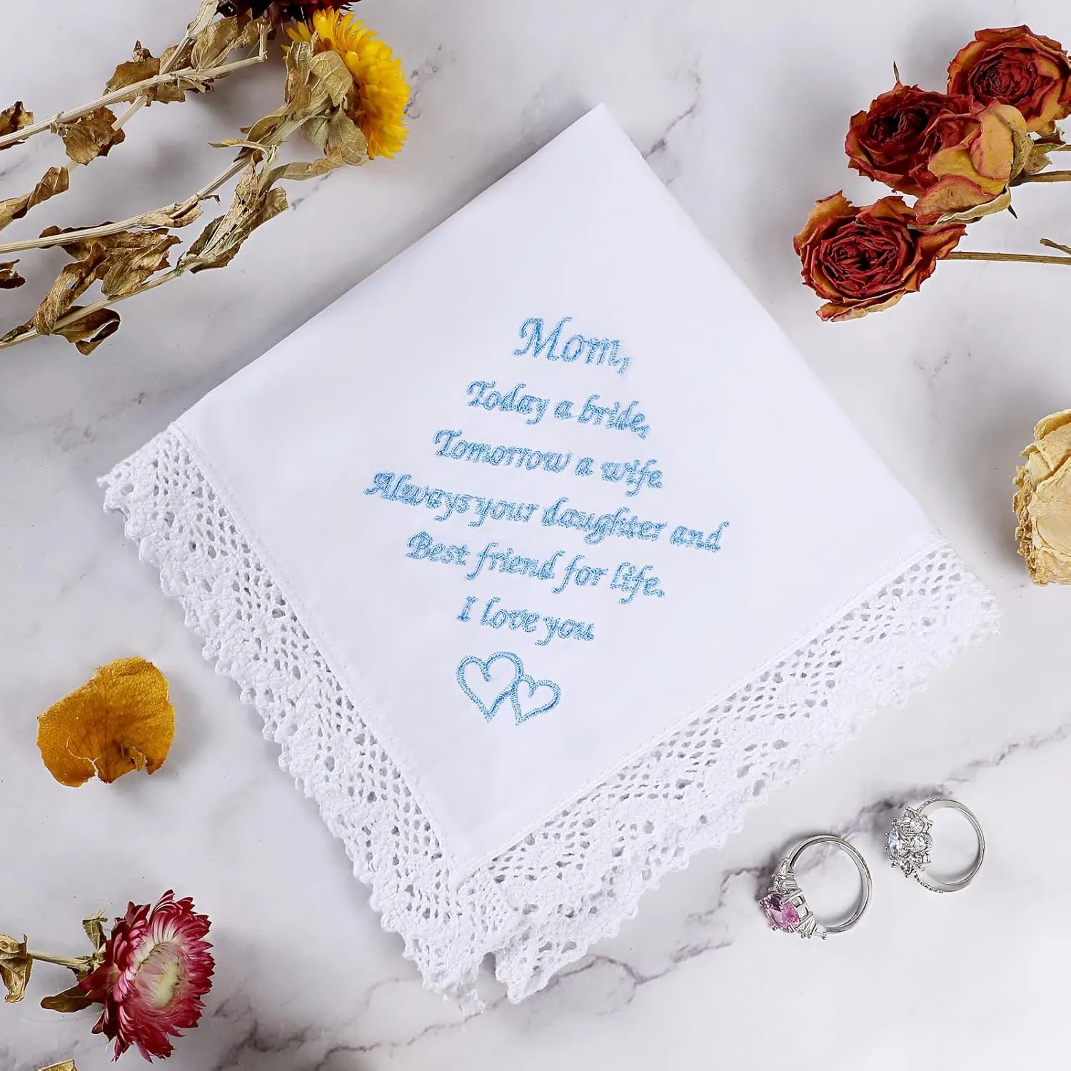 Wedding Handkerchiefs Something Blue for Bride, Mother Of The Bride Gifts Embroidered Lace Keepsake Bridal Hankies