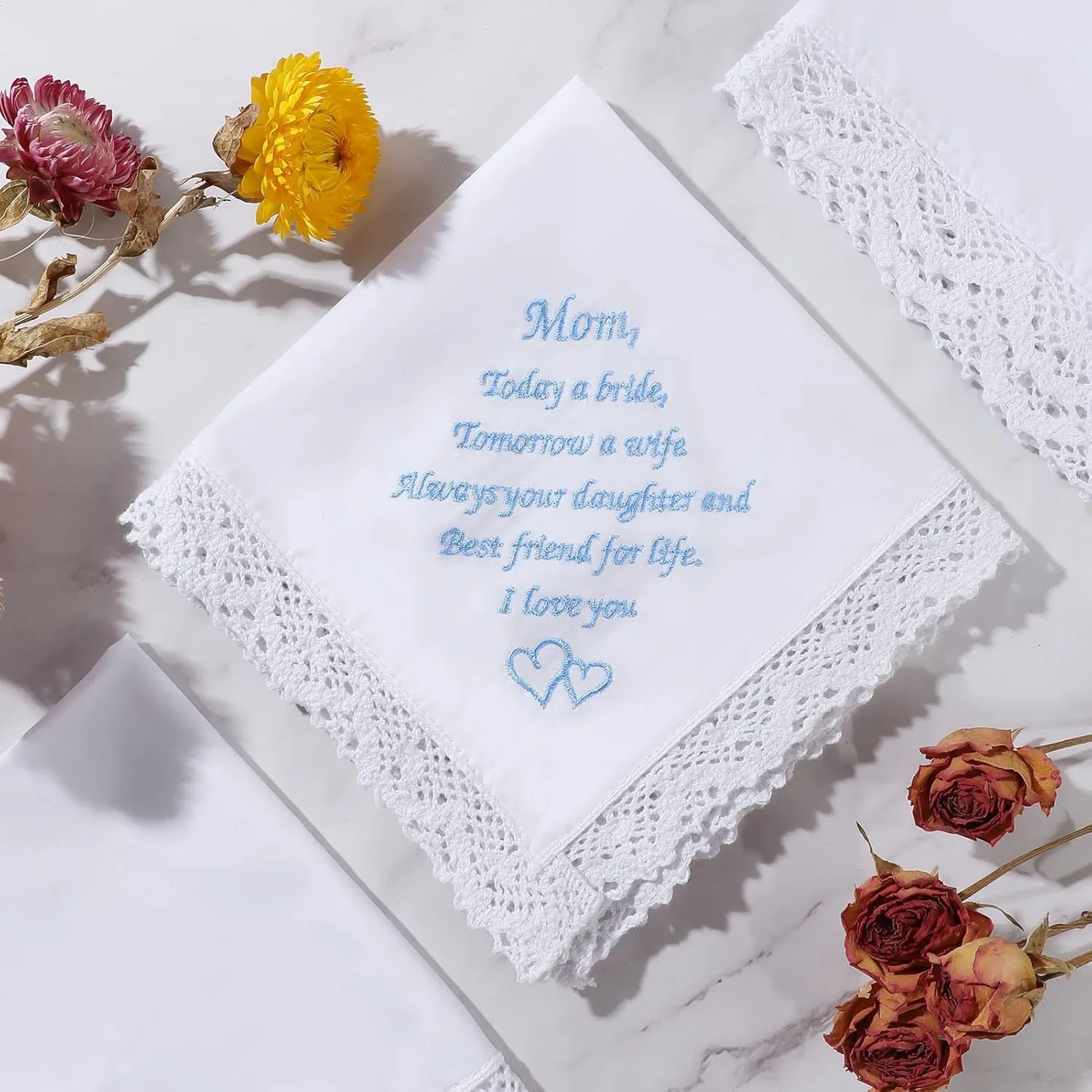 Wedding Handkerchiefs Something Blue for Bride, Mother Of The Bride Gifts Embroidered Lace Keepsake Bridal Hankies