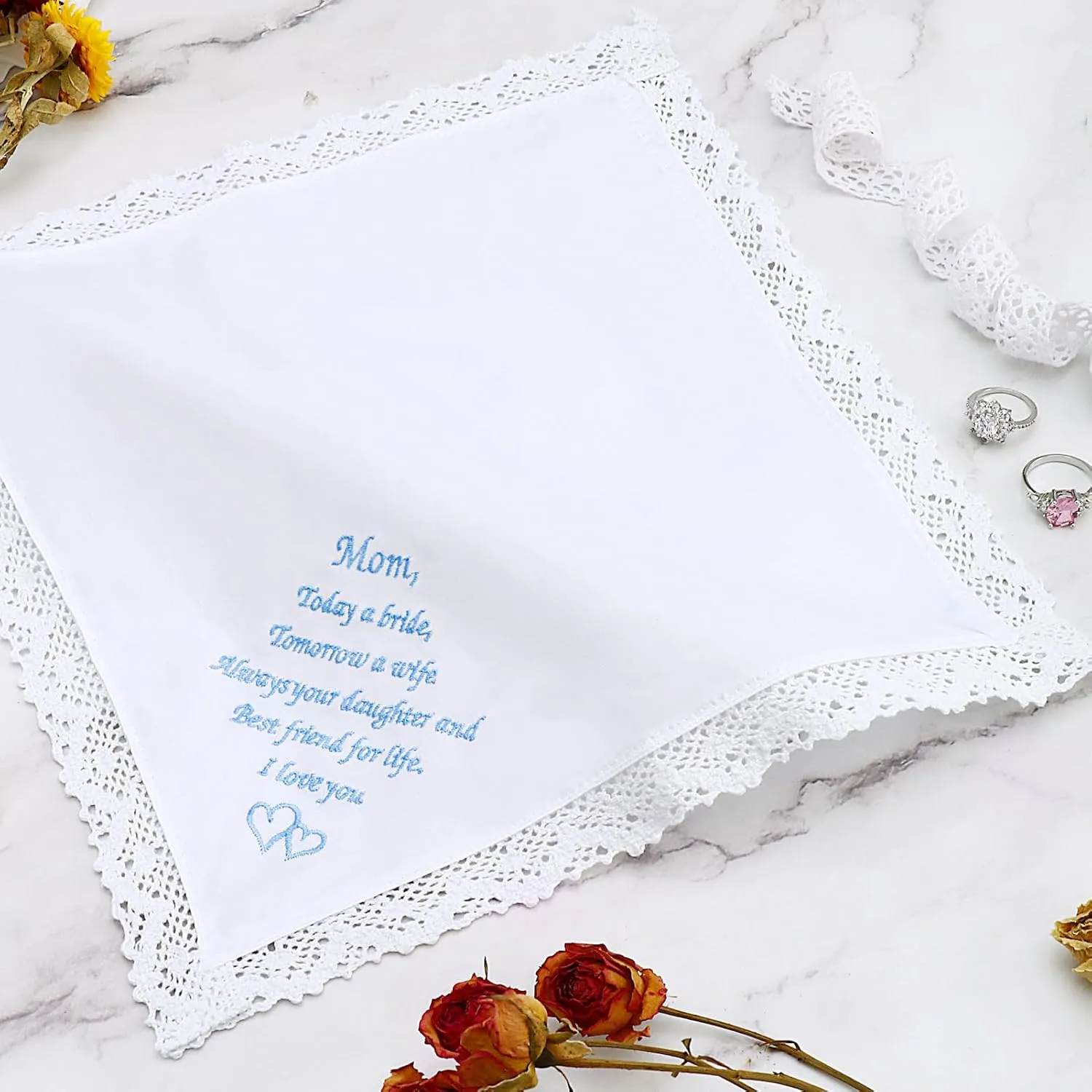 Wedding Handkerchiefs Something Blue for Bride, Mother Of The Bride Gifts Embroidered Lace Keepsake Bridal Hankies