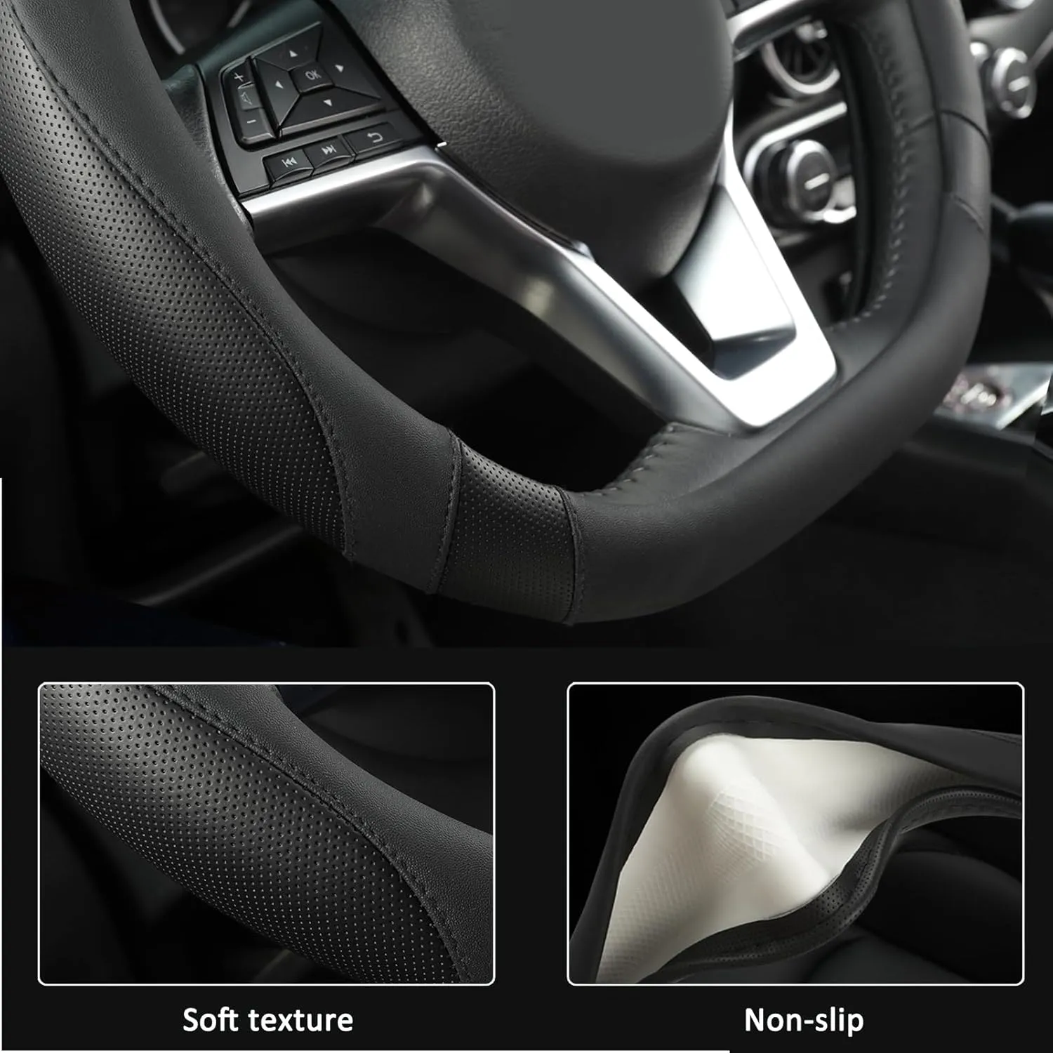 West Llama Flat Bottom Car Steering Wheel Cover for Nissan,D Shaped Steering Wheel Cover for Rogue,Altima,Kicks (Black-Standard Size)