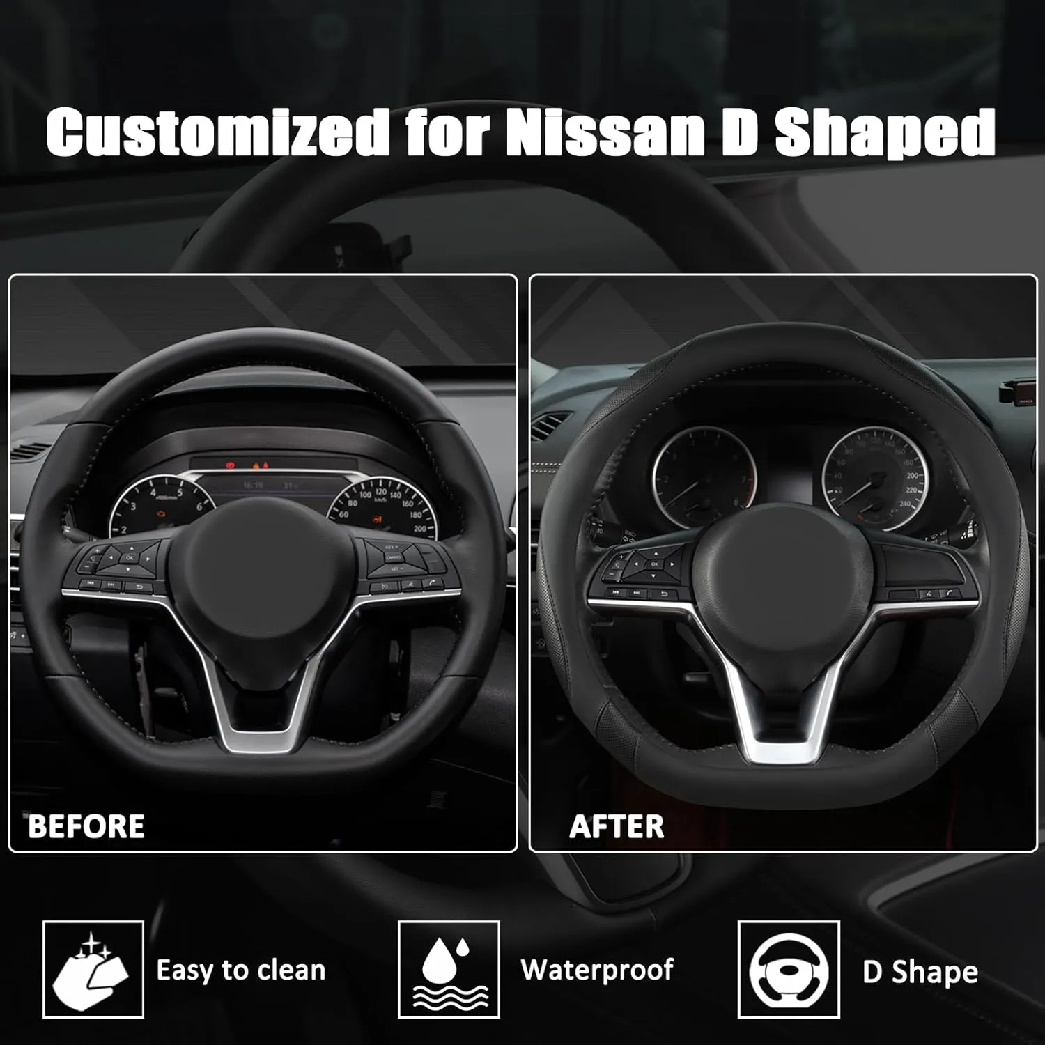 West Llama Flat Bottom Car Steering Wheel Cover for Nissan,D Shaped Steering Wheel Cover for Rogue,Altima,Kicks (Black-Standard Size)