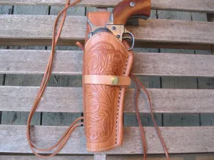 Western Quick Draw Gun Holster - 38 Caliber - Natural - Left Hand - Single Action - Size 6" - Tooled Leather