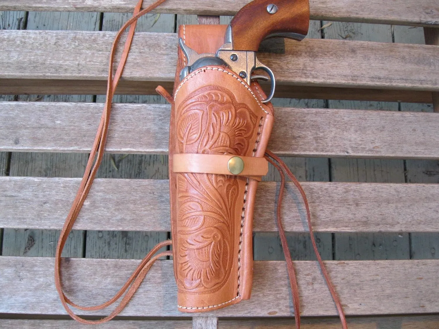 Western Quick Draw Gun Holster - 38 Caliber - Natural - Left Hand - Single Action - Size 6" - Tooled Leather