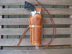 Western Quick Draw Gun Holster - 38 Caliber - Natural - Right Hand - Single Action - Size 6" - Tooled Leather