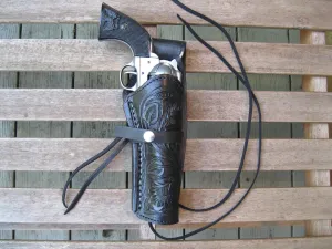 Western Quick Draw Gun Holster - Tooled Leather - 38 Cal - Black - Right Hand - Single Action - Size 6"