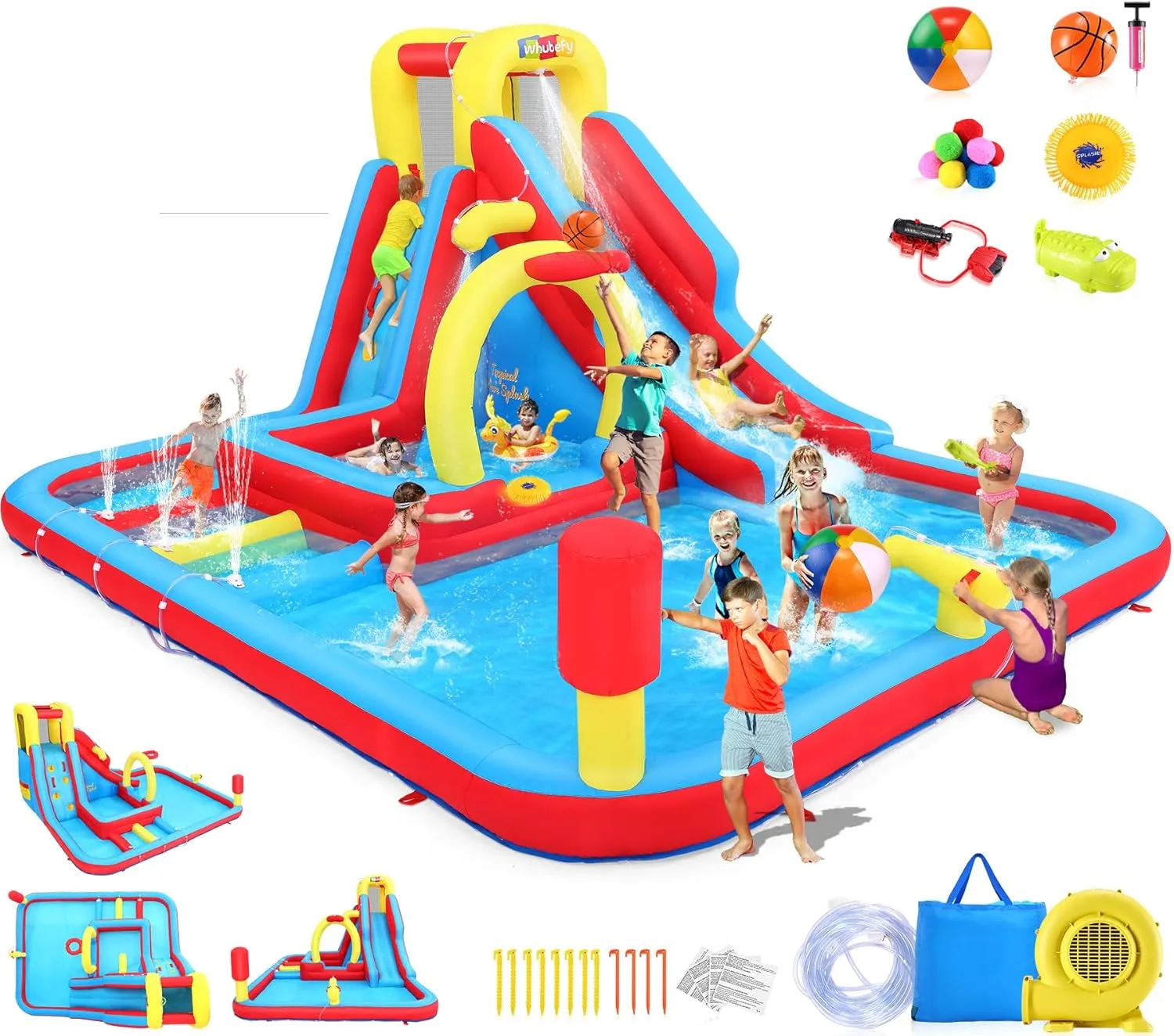 Whubefy 13x10FT Giant Inflatable Water Slide Obstacle Course for Kids w/Long Slide, Deep Pool, Climbing Wall, Boxing Game, Basketball Rim, Water Cannon - Blow Up Water Park for Backyard Party Gift