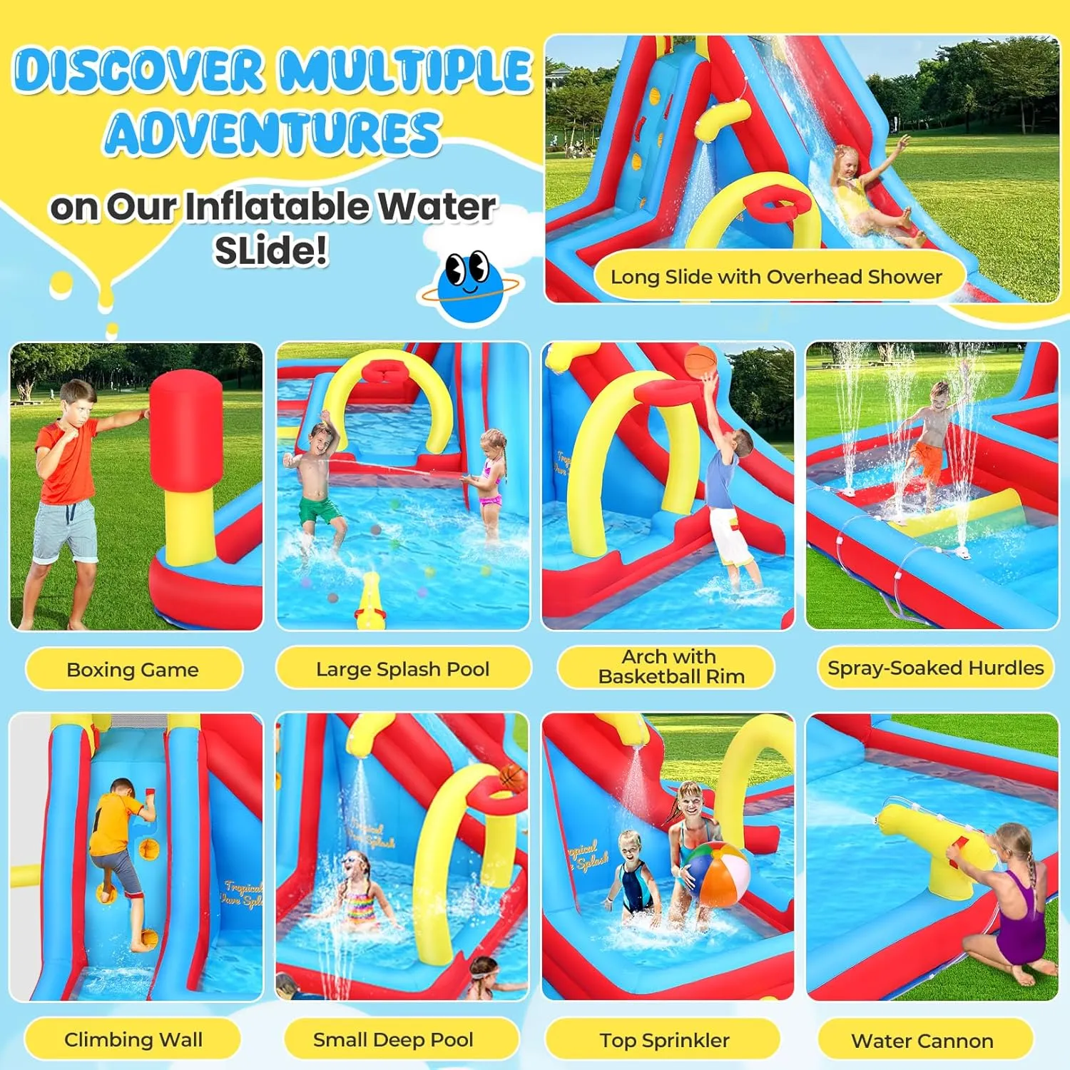 Whubefy 13x10FT Giant Inflatable Water Slide Obstacle Course for Kids w/Long Slide, Deep Pool, Climbing Wall, Boxing Game, Basketball Rim, Water Cannon - Blow Up Water Park for Backyard Party Gift