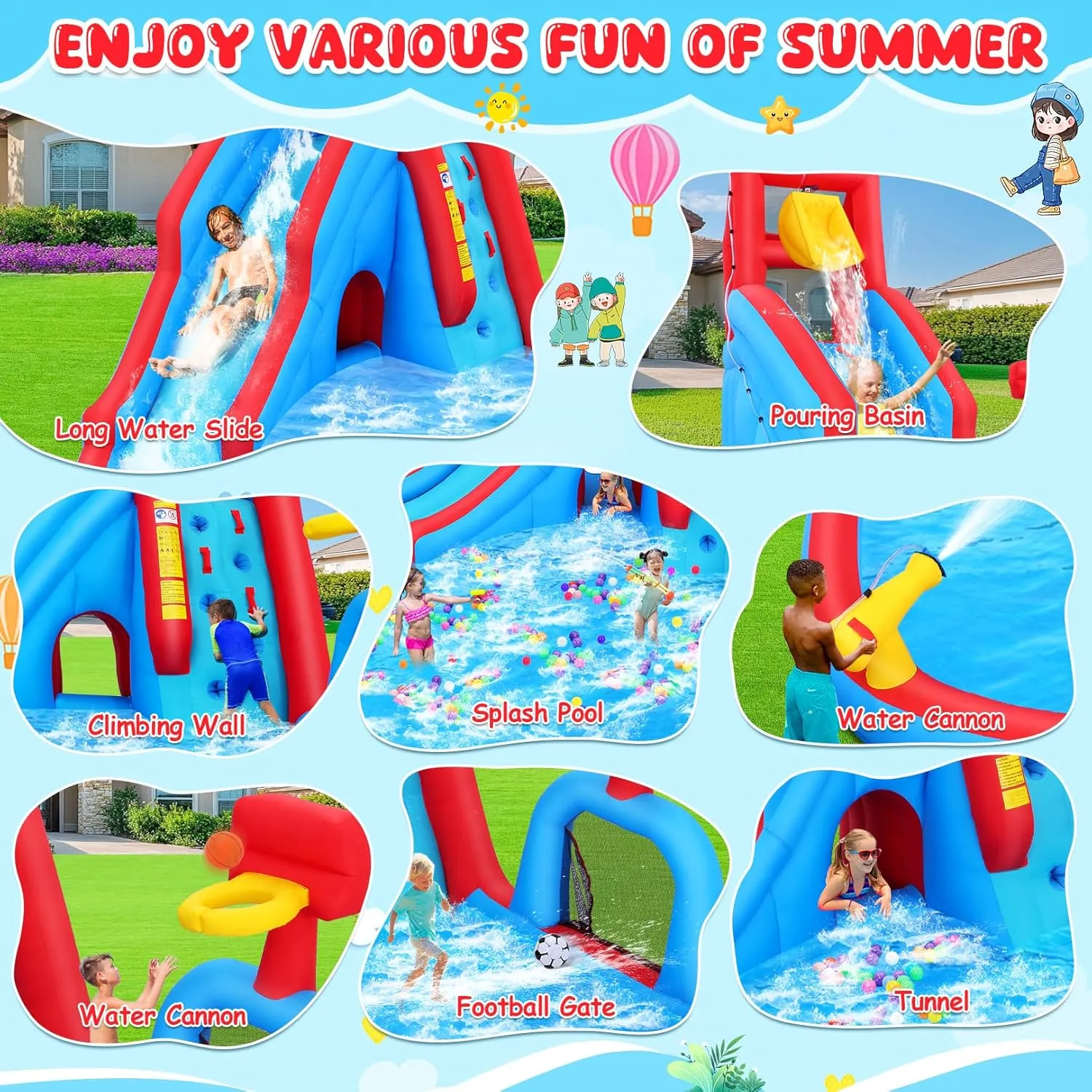 Whubefy 14.2x10.7ft Inflatable Water Slide for Kids Big Bounce House Waterslide Park W/Soccer Field, Slide, Splash Pool, Obstacle Course, Blow Up Water Slides Inflatables for Kids Backyard Party Gift