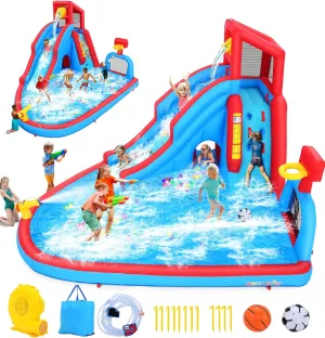 Whubefy 14.2x10.7ft Inflatable Water Slide for Kids Big Bounce House Waterslide Park W/Soccer Field, Slide, Splash Pool, Obstacle Course, Blow Up Water Slides Inflatables for Kids Backyard Party Gift