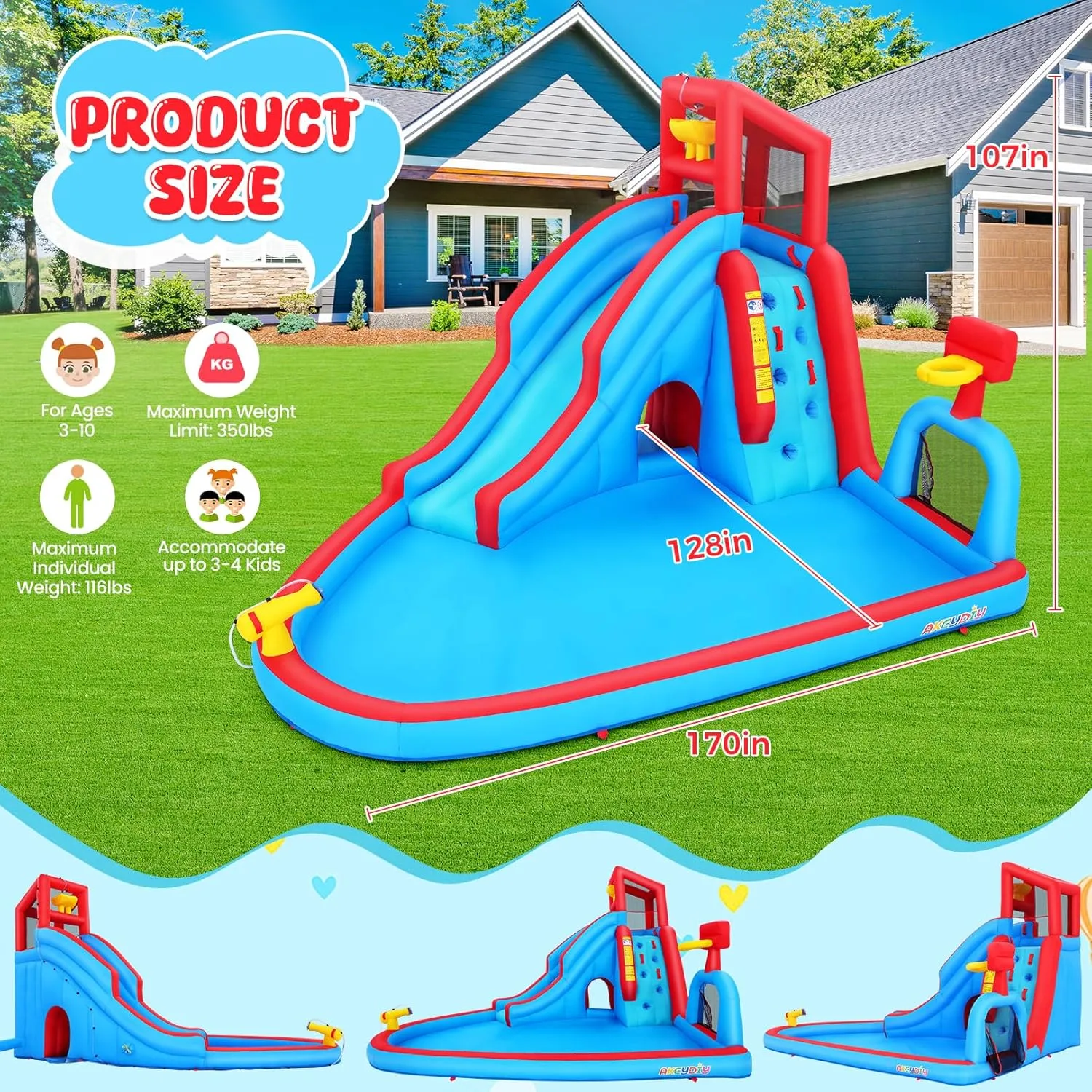 Whubefy 14.2x10.7ft Inflatable Water Slide for Kids Big Bounce House Waterslide Park W/Soccer Field, Slide, Splash Pool, Obstacle Course, Blow Up Water Slides Inflatables for Kids Backyard Party Gift