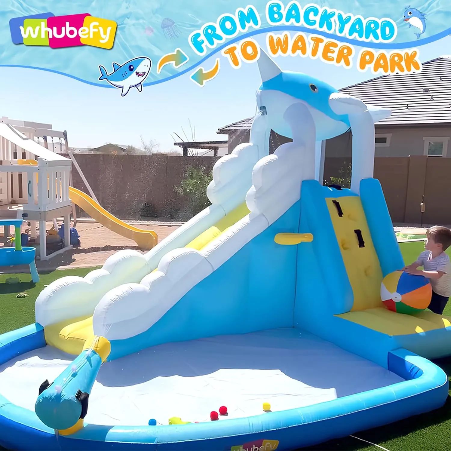 Whubefy Inflatable Water Slide for Kids Backyard Blow Up Water Park with Narwhal Waterfall Rush Slide & Large Splash Pool, Climbing Wall, Basketball Hoop for Summer Outdoor Fun Birthday Party Gift