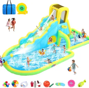 Whubefy Long Water Slide Inflatable Bounce House for Kids, 16.4x9.4Ft Water Slide w/Long Slide, Tunnel, Splash Pool, Water Cannon, PVC&840D 420D Oxford, 11-in-1 Summer Water Park for Backyard