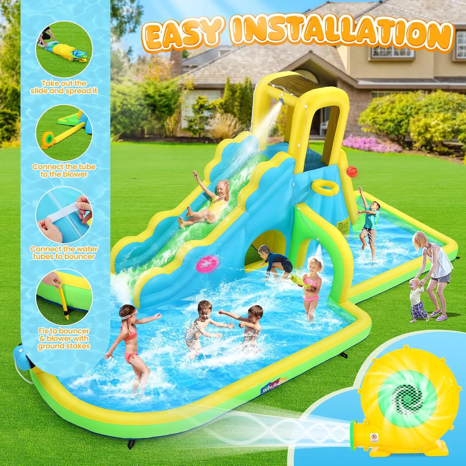 Whubefy Long Water Slide Inflatable Bounce House for Kids, 16.4x9.4Ft Water Slide w/Long Slide, Tunnel, Splash Pool, Water Cannon, PVC&840D 420D Oxford, 11-in-1 Summer Water Park for Backyard