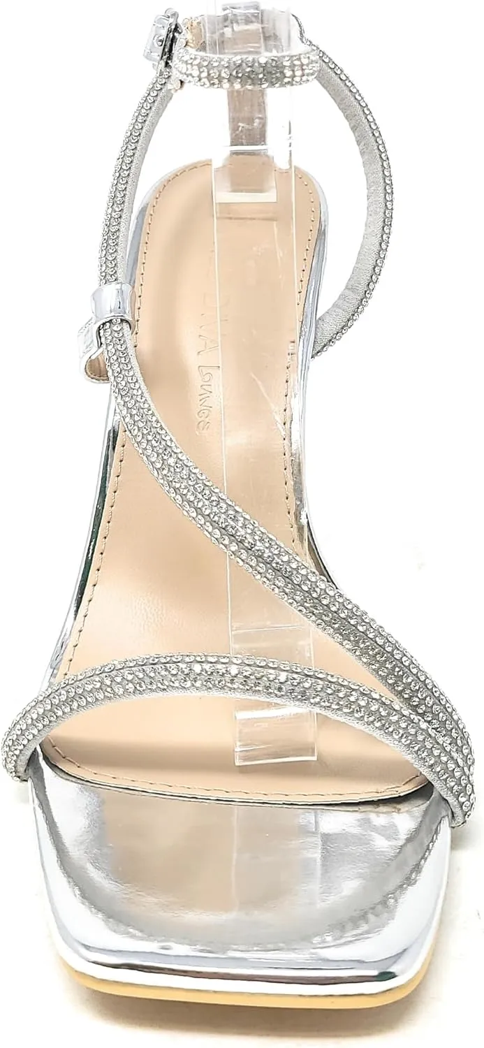 Wild Diva Women's Square Toe Rhinestone Embellished Straps Formal Stiletto High Heels Narala-07