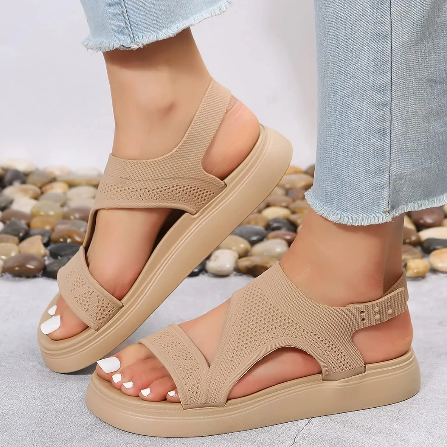 Women Summer Color Beach Elastic Band Casual Open Toe Flat Soft Bottom Breathable Shoes Sandals Strap Sandals Flat (Beige, 9)