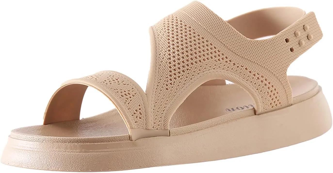 Women Summer Color Beach Elastic Band Casual Open Toe Flat Soft Bottom Breathable Shoes Sandals Strap Sandals Flat (Beige, 9)