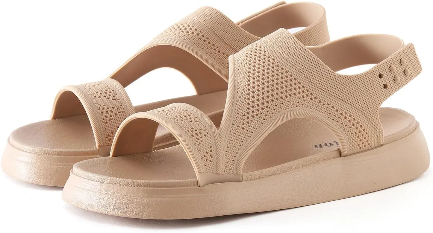 Women Summer Color Beach Elastic Band Casual Open Toe Flat Soft Bottom Breathable Shoes Sandals Strap Sandals Flat (Beige, 9)
