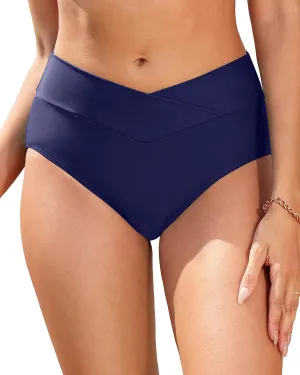 Women V Cut Full Coverage Bikini Bottom - High Waist Swim Bathing Suit Bottoms Cross V Front Swimsuit