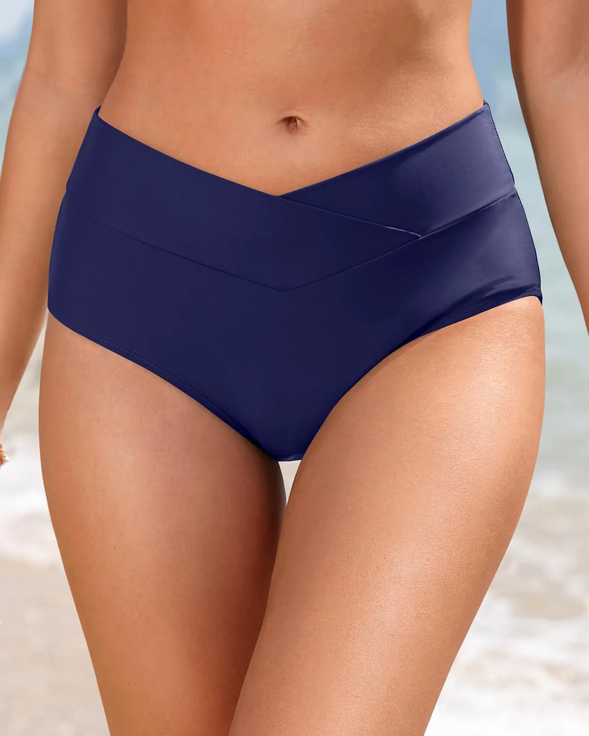 Women V Cut Full Coverage Bikini Bottom - High Waist Swim Bathing Suit Bottoms Cross V Front Swimsuit