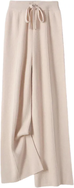 Women Wool Knitted Wide Leg Long Pants Casual Basic Soft Warm Lace Up Solid Trousers