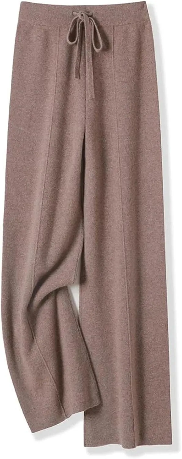 Women Wool Knitted Wide Leg Long Pants Casual Basic Soft Warm Lace Up Solid Trousers